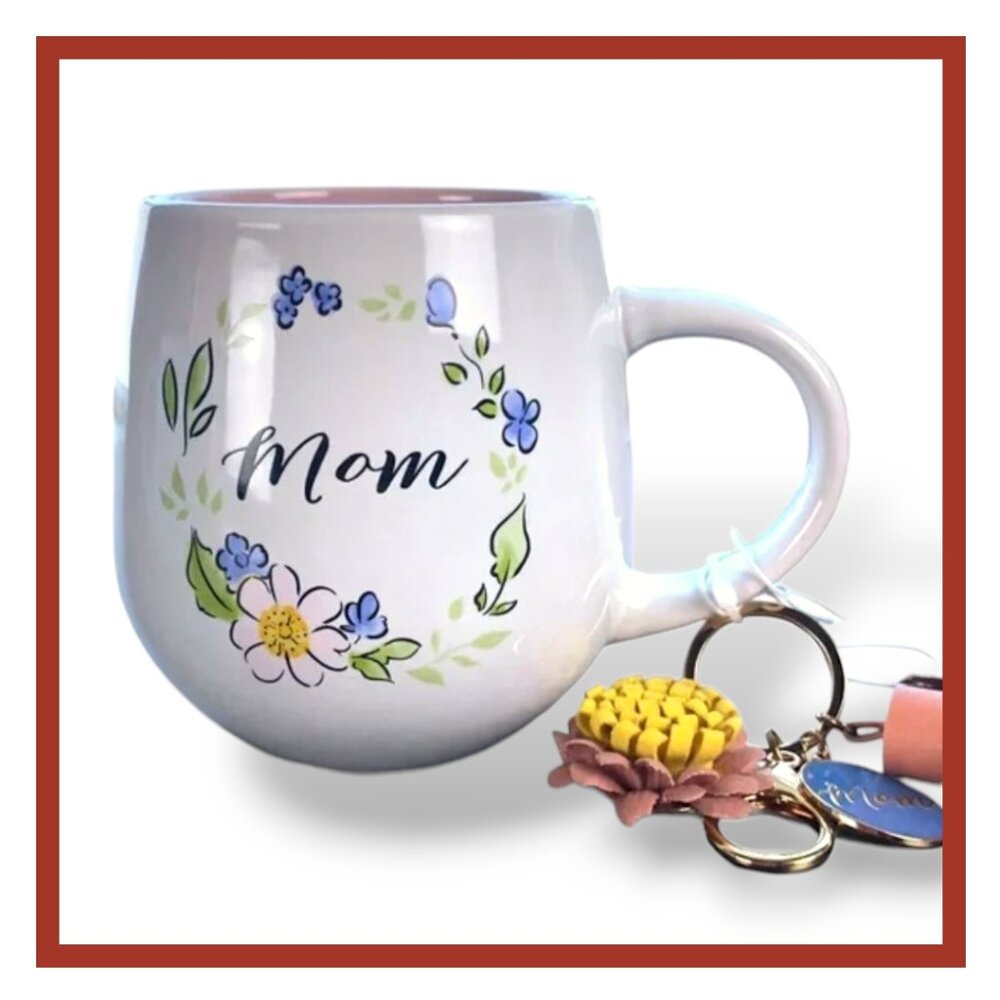 Prima Design: Mom Double Sided White Ceramic Mug with Three Piece Gold Keychain